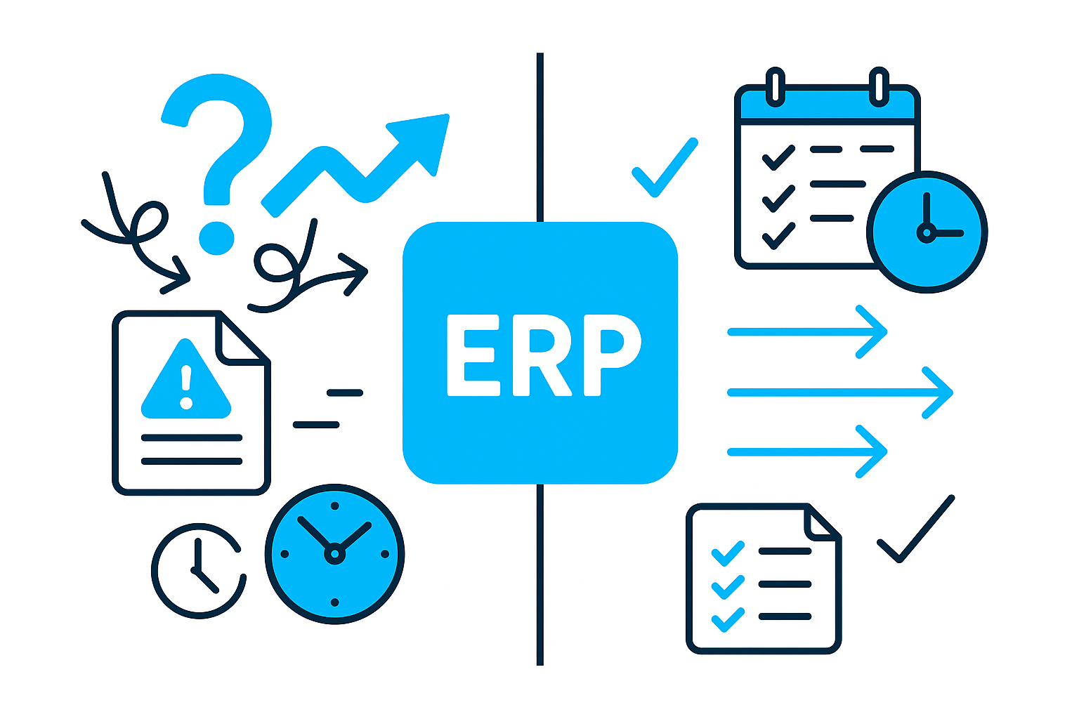 ERP Anbieterpräsentationen richtig steuern: Illustration zeigt links Chaos mit Fragezeichen, Warnsymbol und Uhr, rechts klare Struktur mit Checkliste, Kalender und geordneten Pfeilen. In der Mitte eine ERP-Kachel als verbindendes Element der ERP Softwareauswahl.