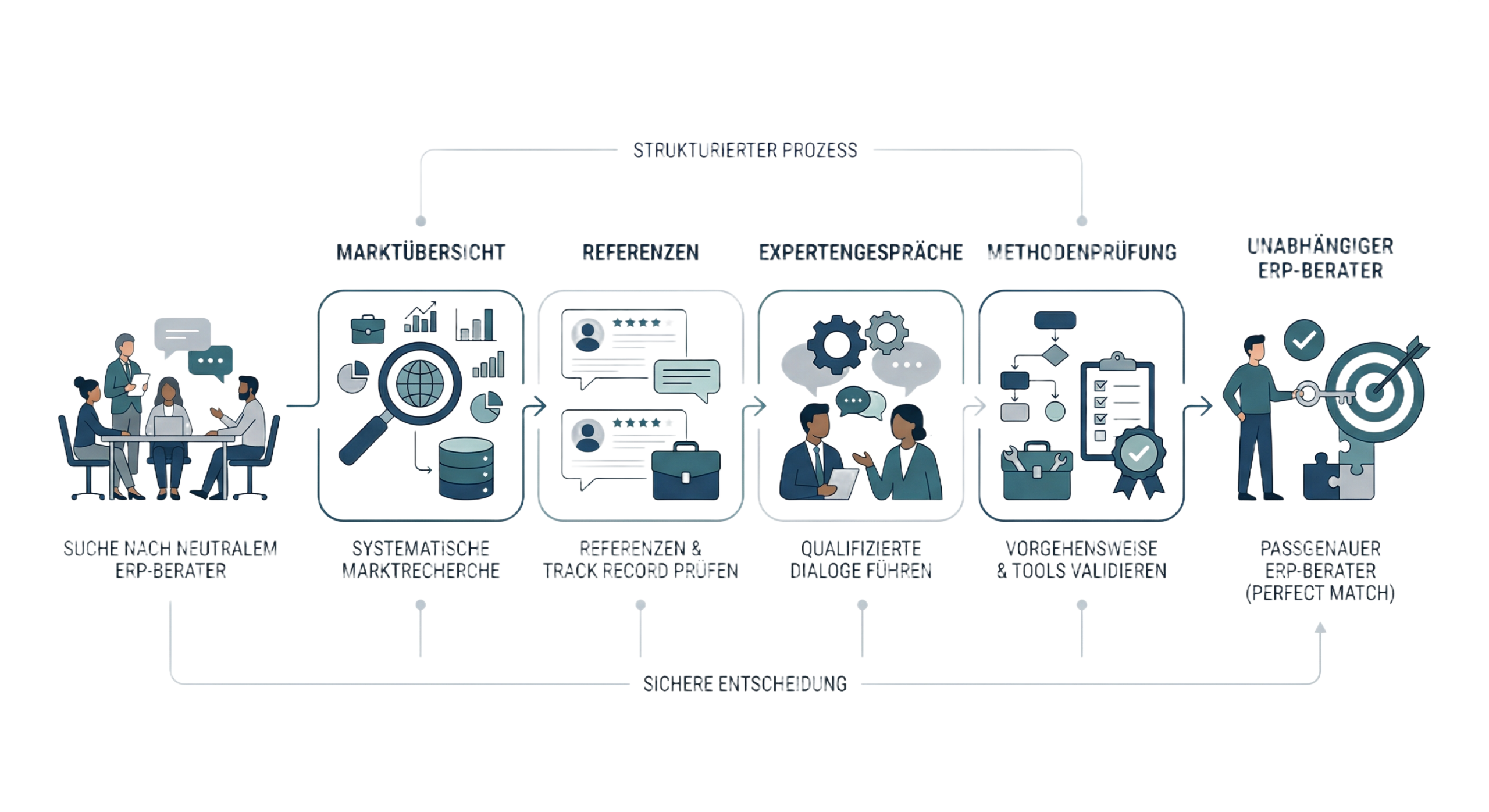 Infografik, die einen strukturierten 5-Schritte-Prozess zur Auswahl eines unabhängigen ERP-Beraters zeigt: von der systematischen Marktrecherche und Referenzprüfung über qualifizierte Expertengespräche und Methodenvalidierung bis hin zur sicheren Entscheidung für den passgenauen Berater.