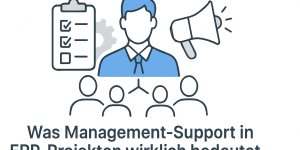 Führungskraft, die ein Team unterstützt – Symbol für Management-Support in ERP-Projekten. Im Zentrum steht eine blaue Figur mit Verbindungslinien zu Mitarbeitenden, daneben Symbole für Kommunikation, Organisation und Verantwortung
