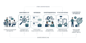 Infografik, die einen strukturierten 5-Schritte-Prozess zur Auswahl eines unabhängigen ERP-Beraters zeigt: von der systematischen Marktrecherche und Referenzprüfung über qualifizierte Expertengespräche und Methodenvalidierung bis hin zur sicheren Entscheidung für den passgenauen Berater.