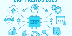 ERP Trends 2025: ERP umgeben von sieben Symbolen für Cloud, KI, Automatisierung, Low-Code, Datenqualität, Markt-Konsolidierung und Beratung.