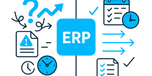ERP Anbieterpräsentationen richtig steuern: Illustration zeigt links Chaos mit Fragezeichen, Warnsymbol und Uhr, rechts klare Struktur mit Checkliste, Kalender und geordneten Pfeilen. In der Mitte eine ERP-Kachel als verbindendes Element der ERP Softwareauswahl.